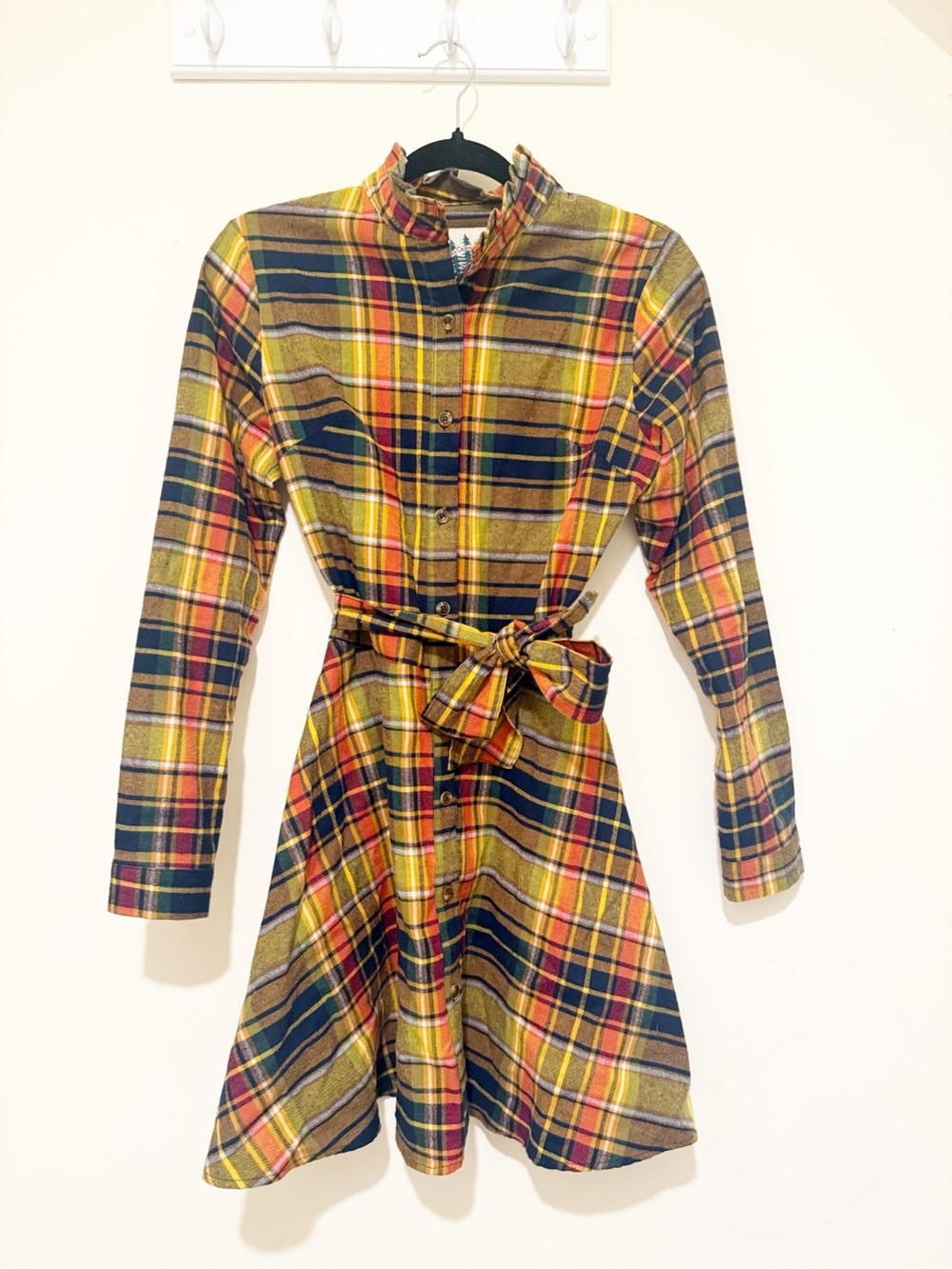 Kiel James Patrick Yellow and Navy Plaid Belted Shirt Dress